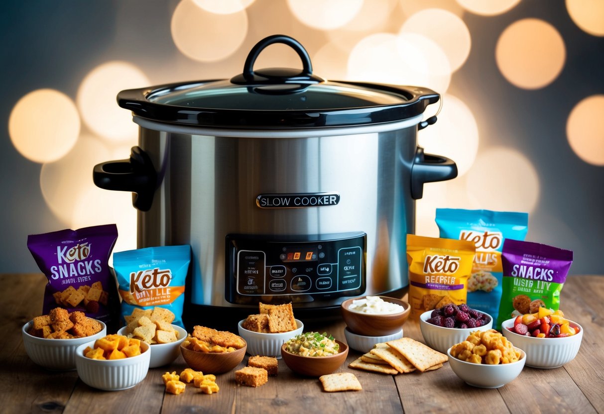 A slow cooker surrounded by various keto snacks and small bites, showcasing 10 delicious low-carb recipes