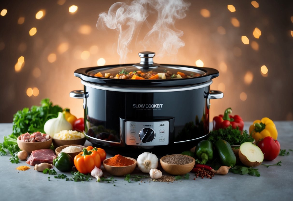 A slow cooker surrounded by various ingredients like vegetables, meats, and spices, with steam rising from the pot as the keto soup or casserole cooks
