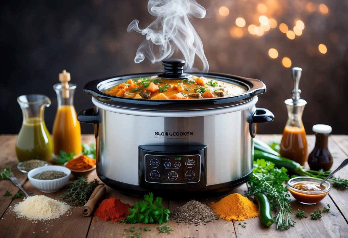 A slow cooker surrounded by various herbs, spices, and sauces, with steam rising from a bubbling, flavorful keto meal inside
