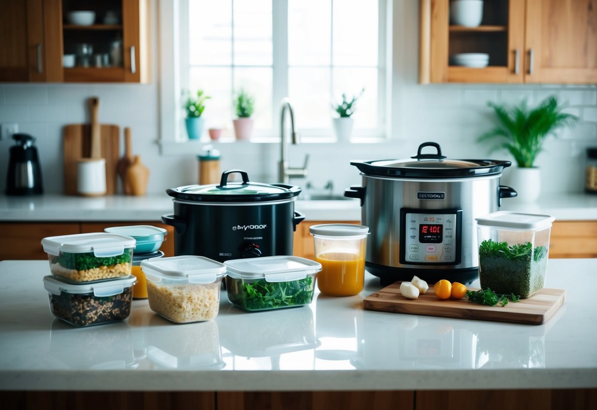 A kitchen counter with various meal prep containers, a slow cooker, and ingredients for keto recipes