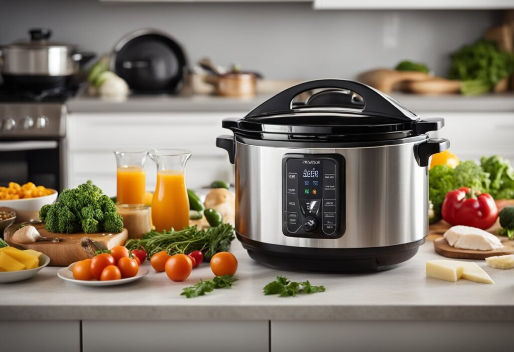 a modern slow cooker placed in a bright, contemporary kitchen setting. Showcase a hearty, low-carb meal bubbling inside the slow cooker with visible chunks of lean protein, vibrant low-carb vegetables (like broccoli, cauliflower, and zucchini), and rich, savory sauce. Surround the slow cooker with fresh ingredients such as spices, herbs, and healthy fats (e.g., avocado or olive oil) to emphasize keto-friendly components.