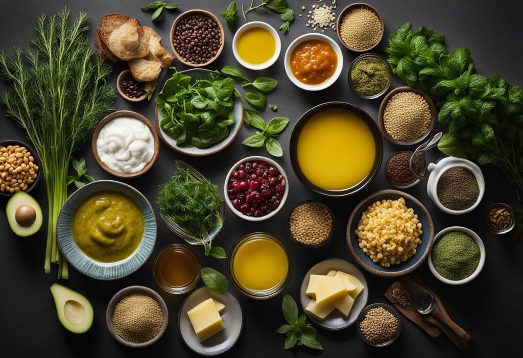 A table spread with various keto-friendly condiments and keto diet  sauces, including herbs, spices, and fresh ingredients, ready to be mixed and prepared for every meal