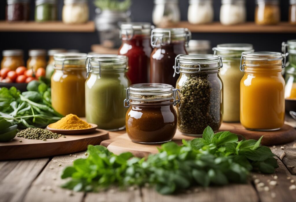 A variety of colorful and flavorful condiments arranged on a table, including jars of homemade keto diet  sauces and freshly chopped herbs and spices