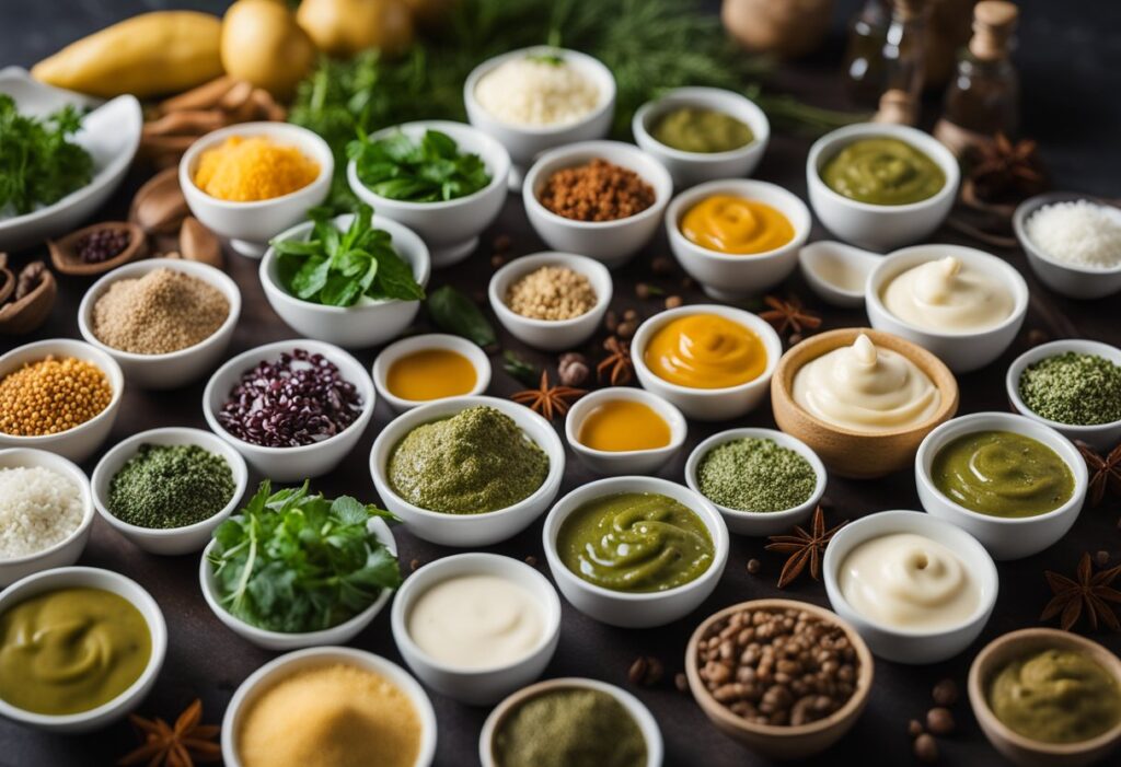 A variety of keto diet sauces arranged on a table, including creamy garlic parmesan, avocado cilantro lime, and spicy buffalo, with fresh herbs and spices scattered around