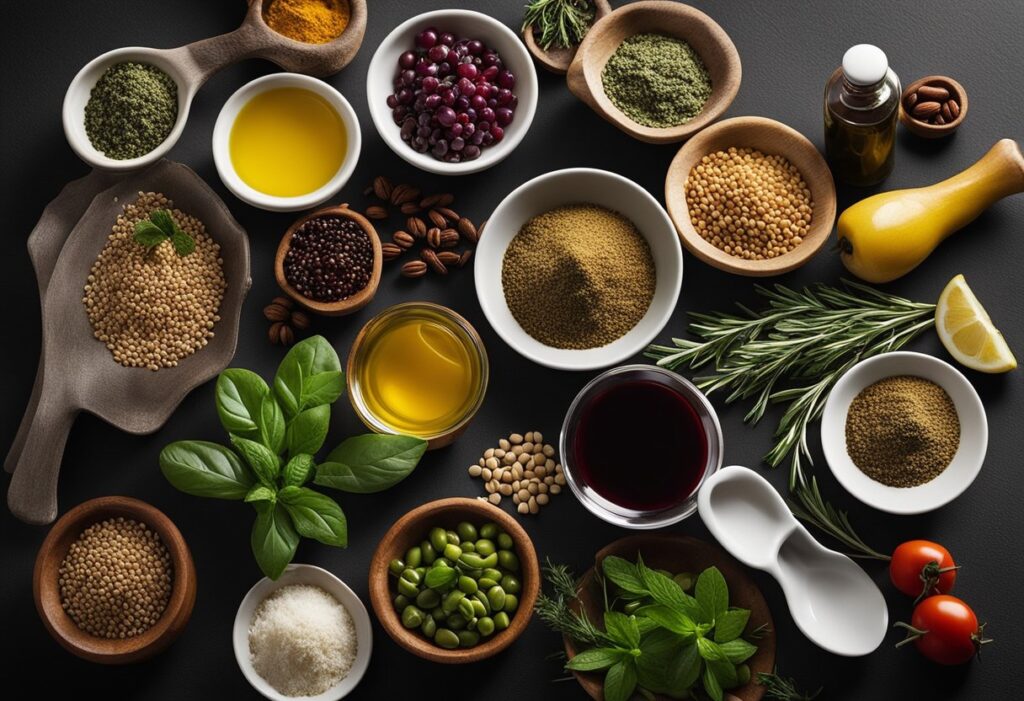 A variety of colorful ingredients and spices arranged on a kitchen counter, including fresh herbs, vinegar, and olive oil, with measuring spoons and bowls nearby