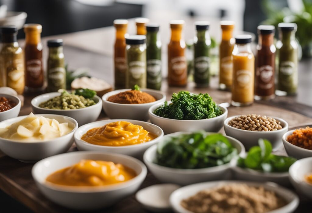 A variety of colorful, flavorful condiments arranged on a table, including bottles of keto-friendly sauces and jars of low-carb seasonings