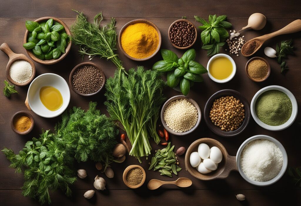 A kitchen counter with various ingredients and cooking utensils, including fresh herbs, spices, and low-carb condiments, such as mayonnaise and vinegar