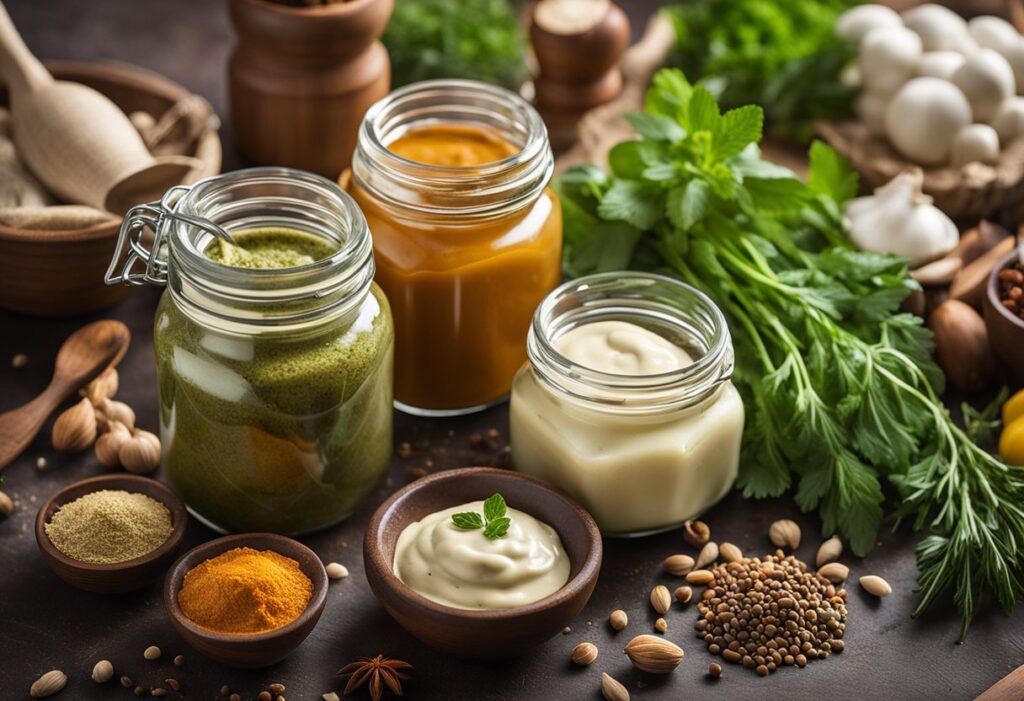 A variety of colorful jars and bottles filled with different keto sauces arranged on a table, surrounded by fresh herbs and spices
