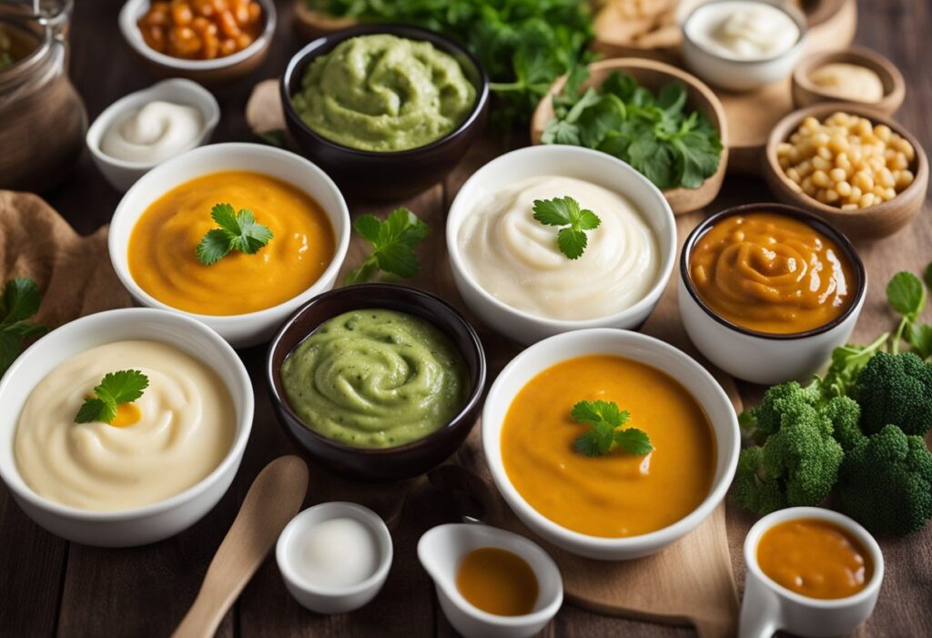 A table set with a variety of keto diet sauces paired with different meals, showcasing the versatility of low-carb condiments for every dish