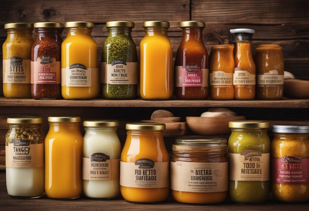 A colorful array of keto-friendly condiments, including tangy mustard, rich mayonnaise, and zesty hot sauce, arranged on a rustic wooden table