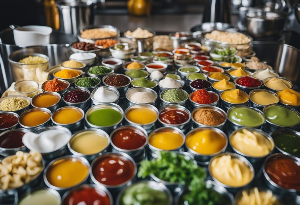 A variety of colorful and appetizing keto-friendly condiments arranged neatly on a table, including different types of sauces and dressings