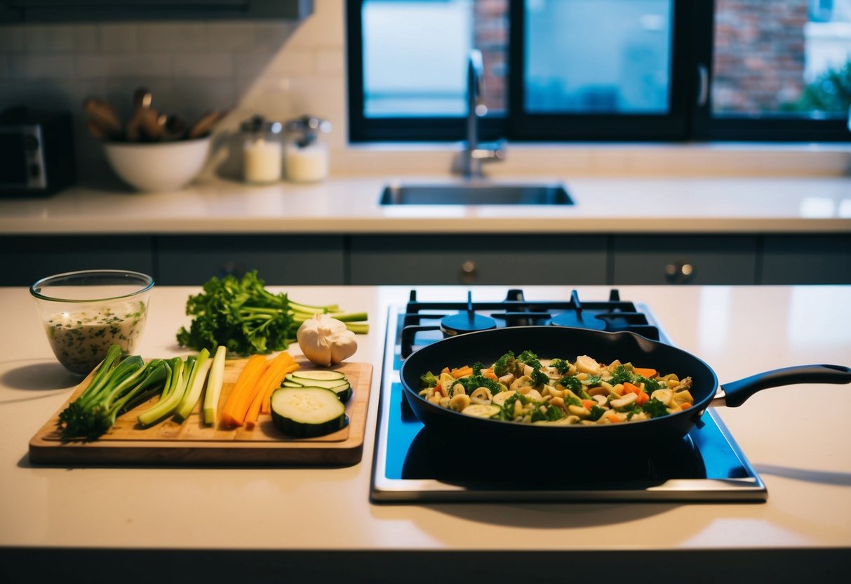 A kitchen counter with organized keto ingredients, a cutting board with sliced vegetables, and a skillet cooking low-carb meal