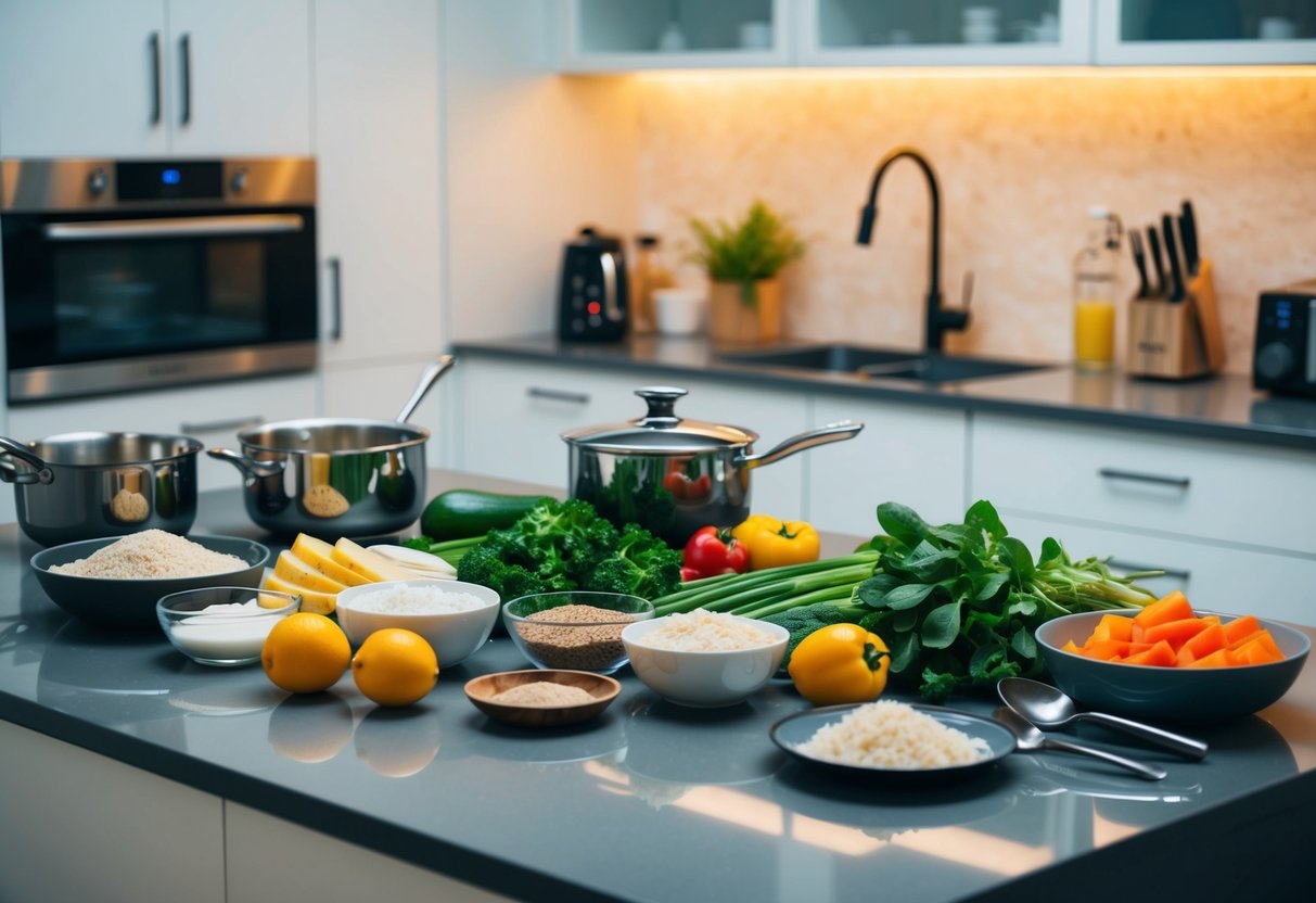 A kitchen counter with various low-carb ingredients, utensils, and appliances arranged for efficient cooking