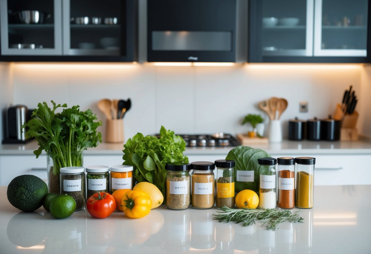 A well-organized kitchen with labeled containers of fresh produce, a variety of spices, and neatly arranged cooking utensils on a clean countertop