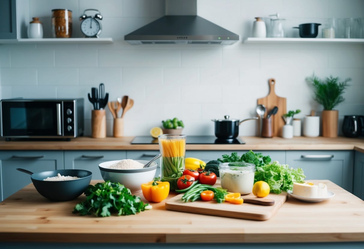 A well-organized kitchen with keto-friendly ingredients, utensils, and appliances for efficient low-carb meal preparation