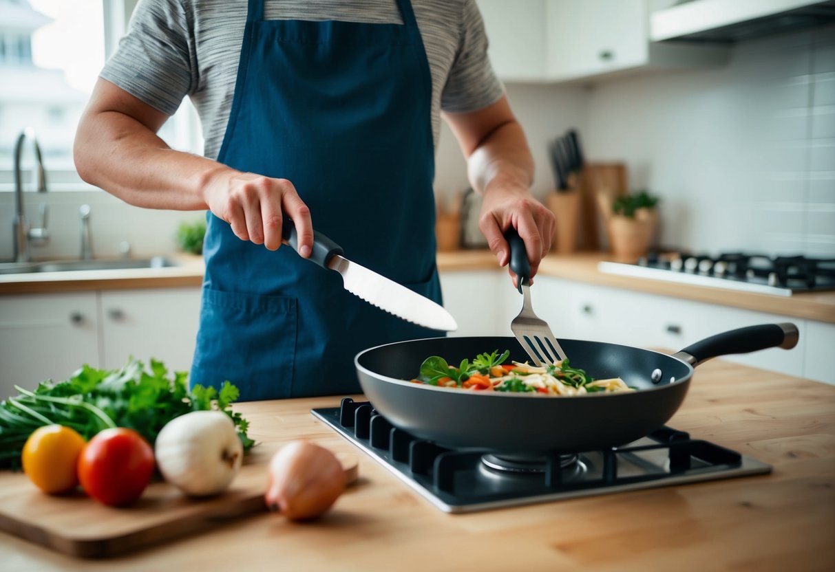 To show the keto cooking tips, a person using kitchen tools to quickly prepare low-carb meals