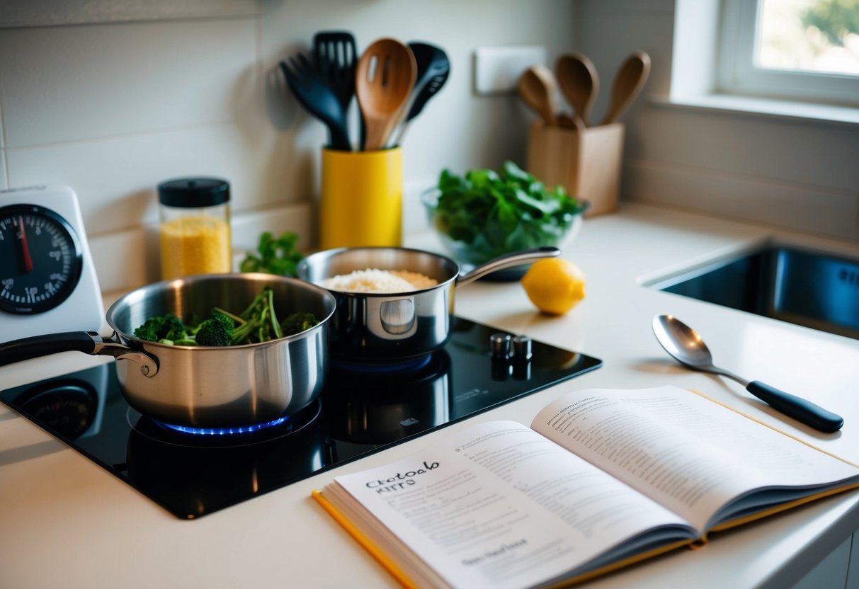 A kitchen counter with low-carb ingredients and cooking utensils. A timer set on the stove. A cookbook open to a keto recipe