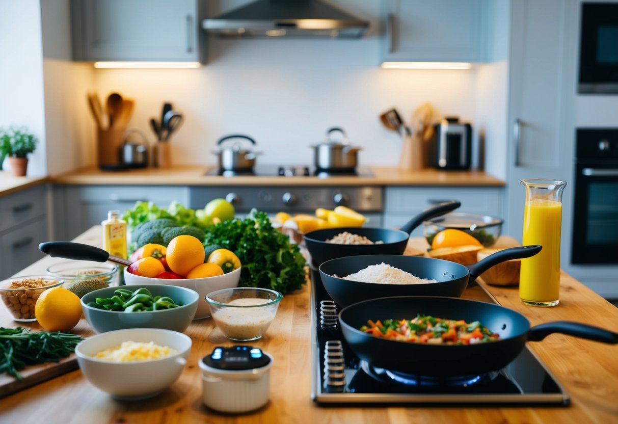 A bustling kitchen with organized ingredients, efficient cooking tools, and a timer ticking away. A variety of quick and delicious keto recipes being prepared