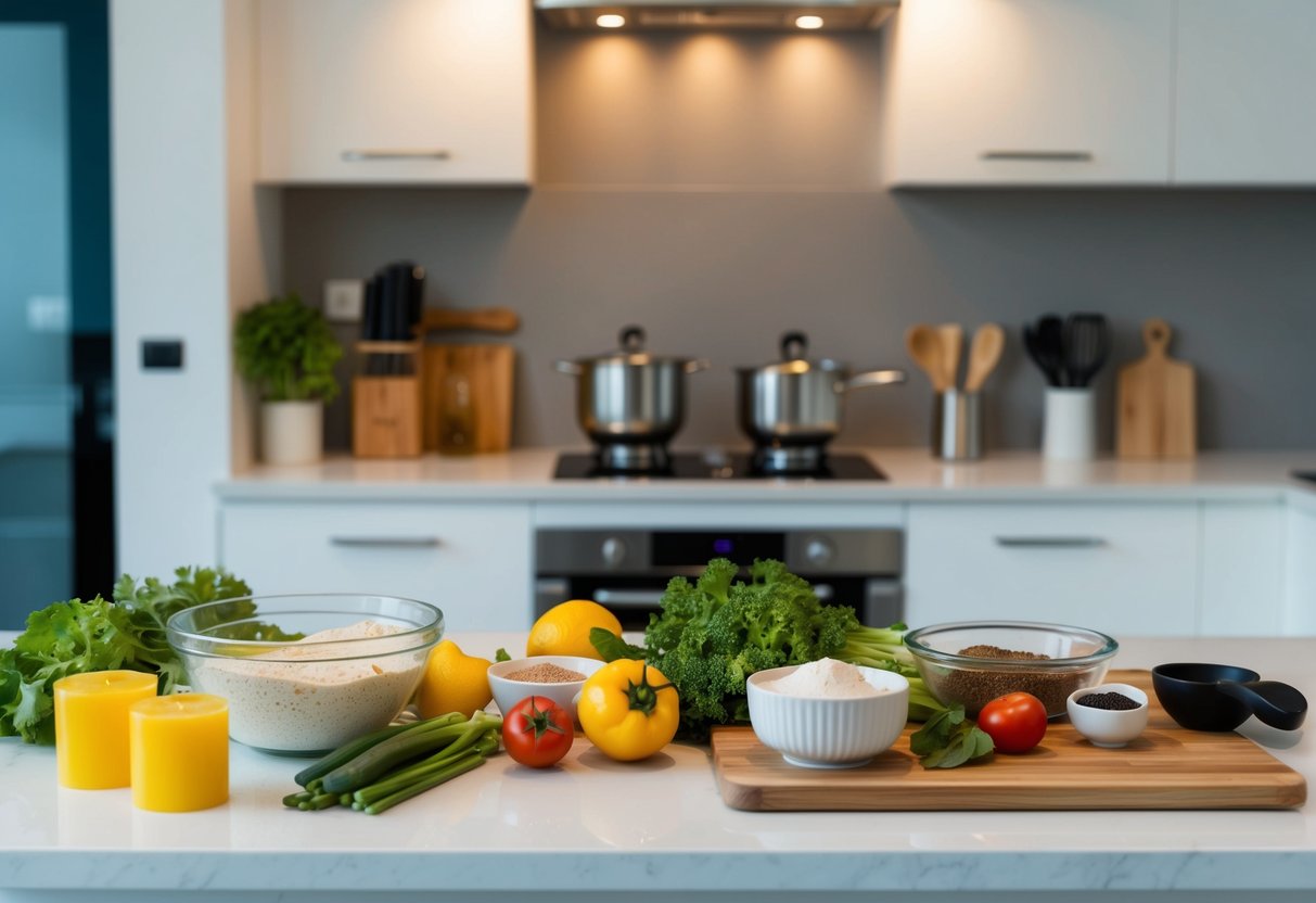 A kitchen counter with various low-carb ingredients and utensils for quick keto meal preparation