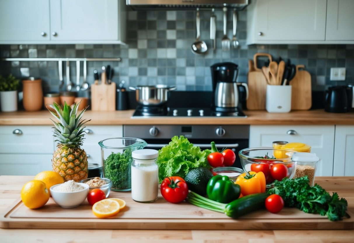 A kitchen counter with organized ingredients, utensils, and appliances for quick and easy keto meal preparation