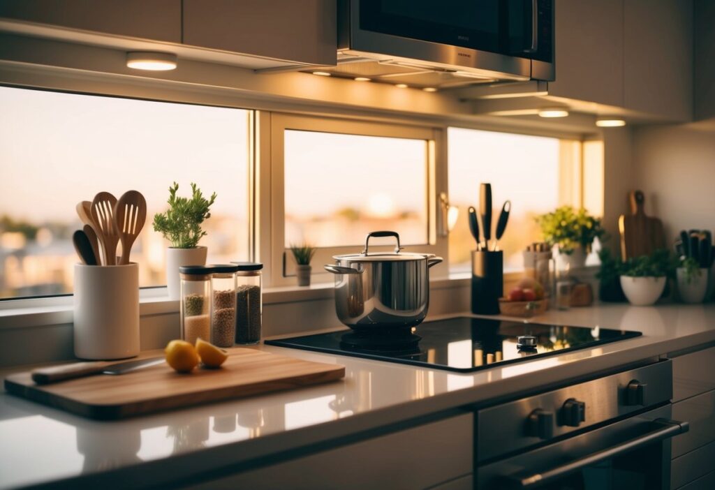 A modern, organized kitchen setup with visible keto ingredients (such as almond flour, coconut oil, fresh vegetables) and essential gadgets like an Instant Pot, air fryer, and meal prep containers arranged neatly on a countertop. Use warm, natural lighting to emphasize the clean, efficient, and inspiring environment of a keto-friendly kitchen. Ensure the overall feel is both practical and inviting, without any text or logos on the image.