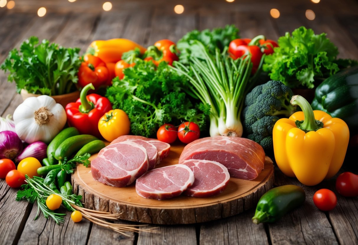 A colorful array of fresh vegetables and lean meats displayed on a rustic wooden table, surrounded by keto on a budget ingredients.