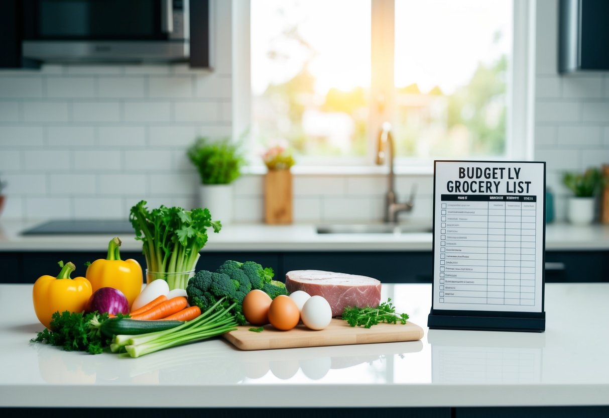 A kitchen counter with a variety of affordable low-carb foods, such as vegetables, eggs, and lean meats. A keto on a budget grocery list is displayed nearby