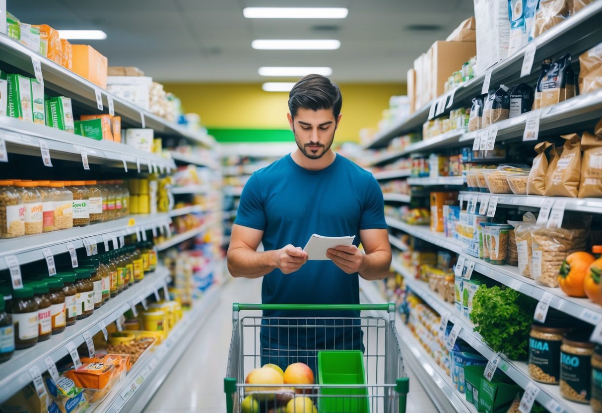 A person standing in a grocery store aisle, carefully selecting low-carb, keto-friendly foods while comparing prices and checking items off a list