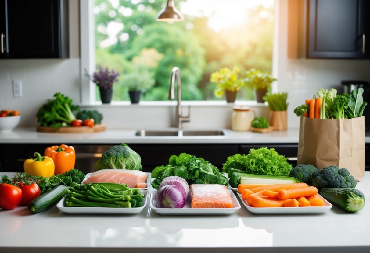 A kitchen counter with various fresh vegetables, lean proteins, and healthy fats organized for meal prepping. A budget-friendly grocery bag sits nearby