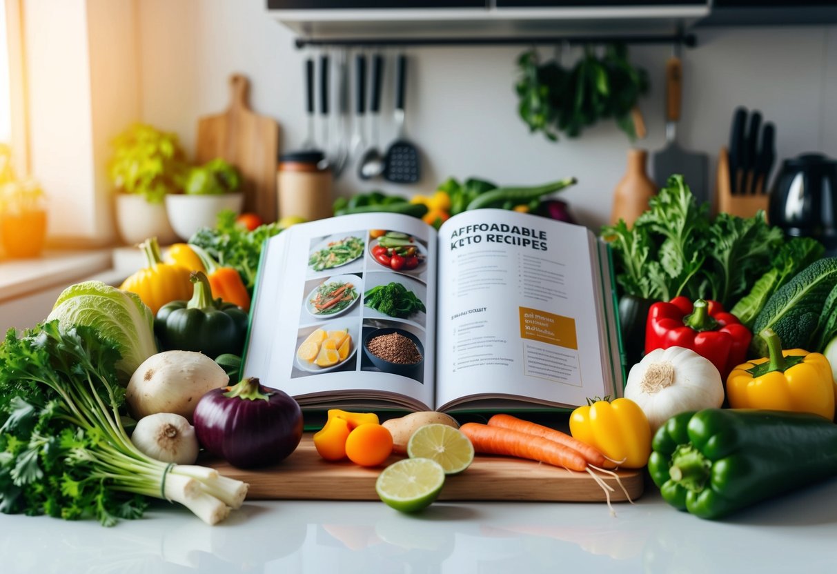A colorful array of fresh vegetables, lean proteins, and healthy fats arranged on a kitchen counter, with a cookbook open to a page of affordable keto recipes