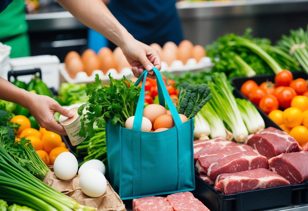 A colorful market stall with fresh vegetables, eggs, and meats. A person is using a reusable bag to purchase affordable keto-friendly ingredients