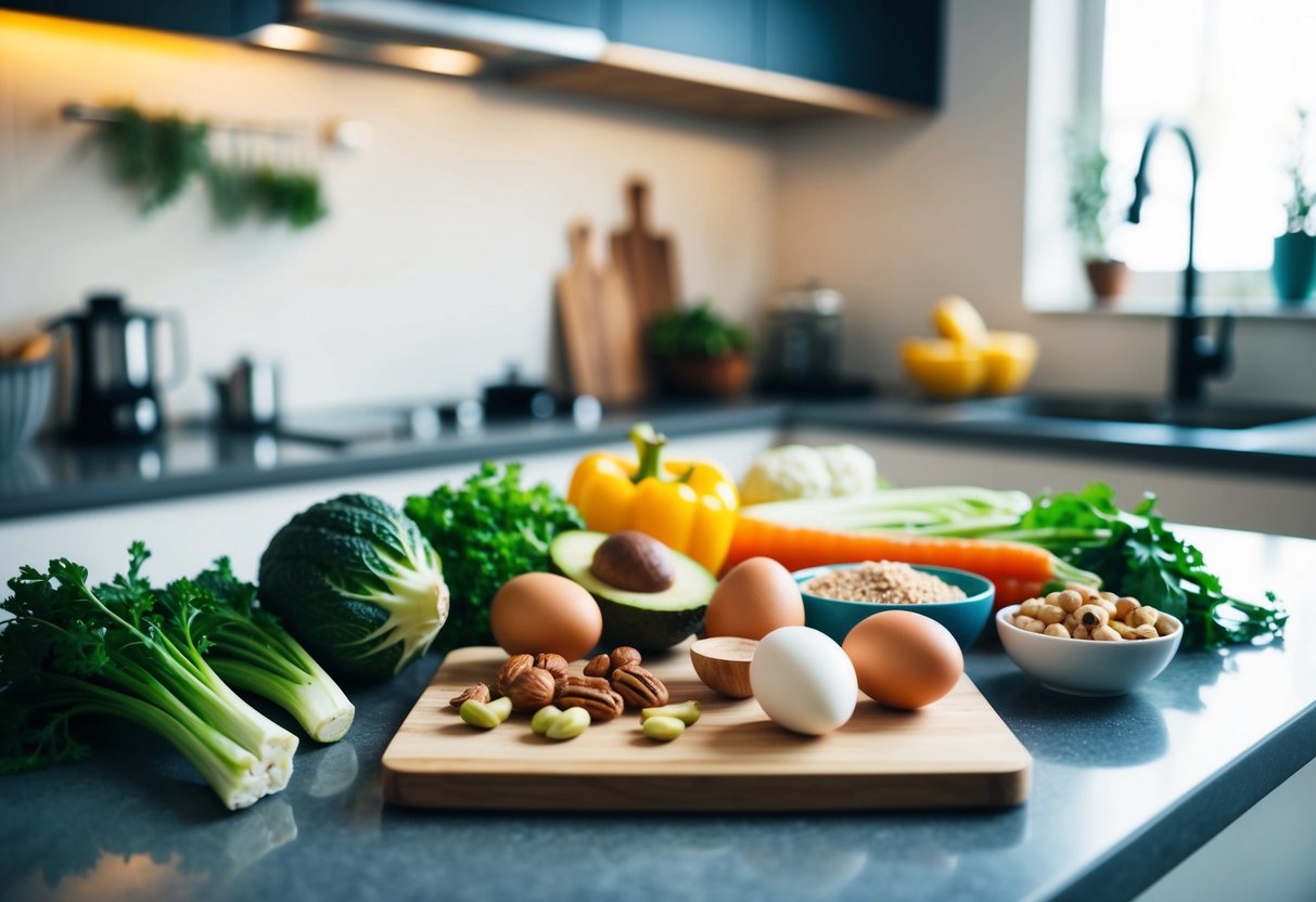 A kitchen counter with various affordable keto-friendly foods and ingredients, such as vegetables, eggs, nuts, and lean meats