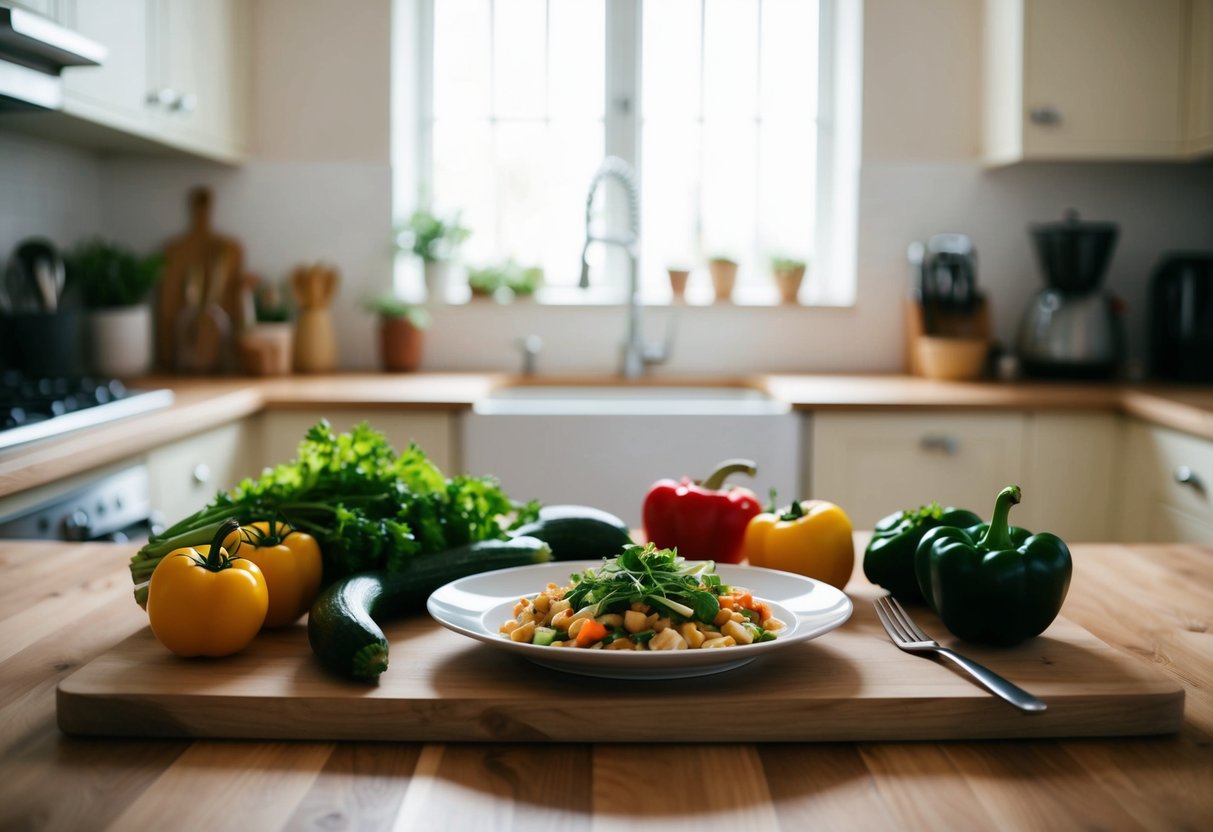 A top-down view of a budget-friendly keto meal prep setup. Ingredients like eggs, ground beef, cheese, avocados, leafy greens, and canned fish are neatly arranged on a wooden kitchen counter. A simple meal is plated on a white dish, with a rustic, cozy kitchen background. Soft natural lighting enhances the fresh ingredients.