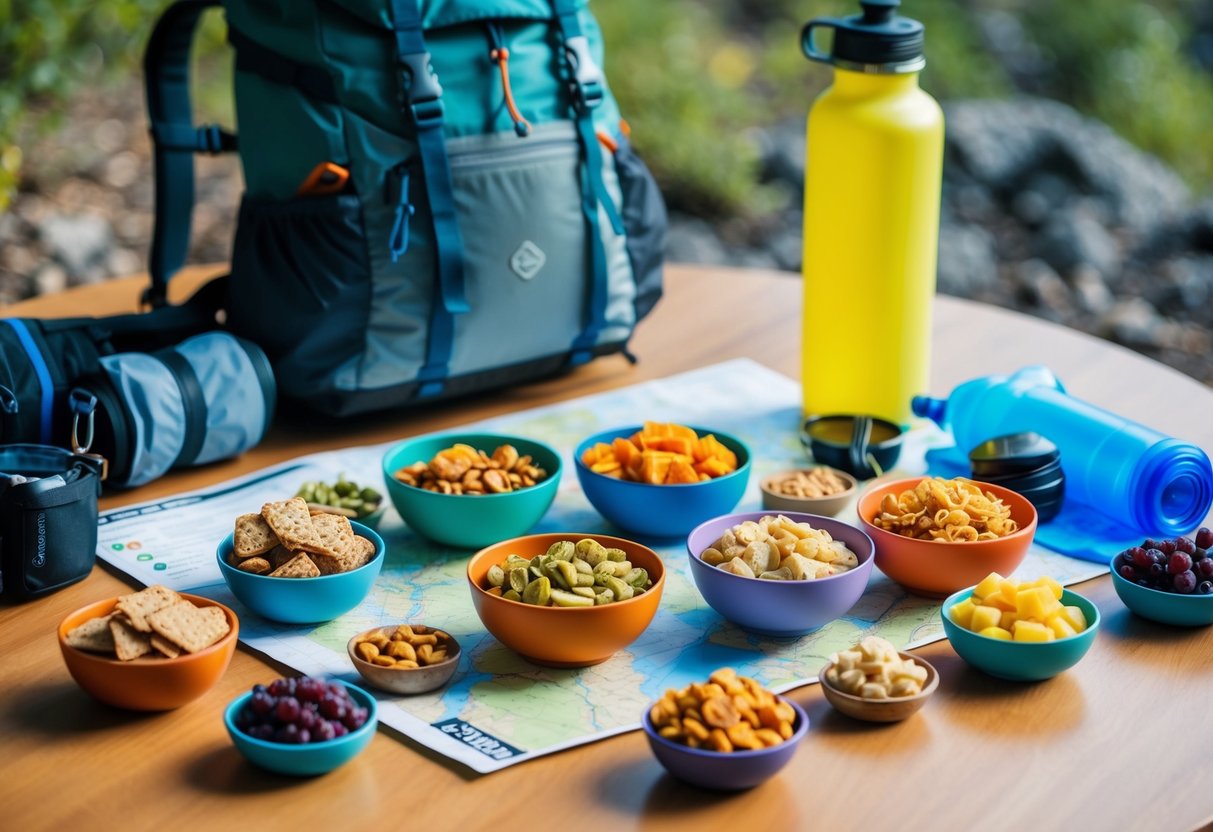 A colorful array of low-carb traveling on keto snacks and a map spread out on a table, surrounded by hiking gear and a water bottle