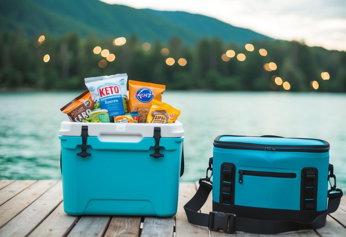 A traveler packing a cooler with low-carb snacks and keto-friendly meals for a journey