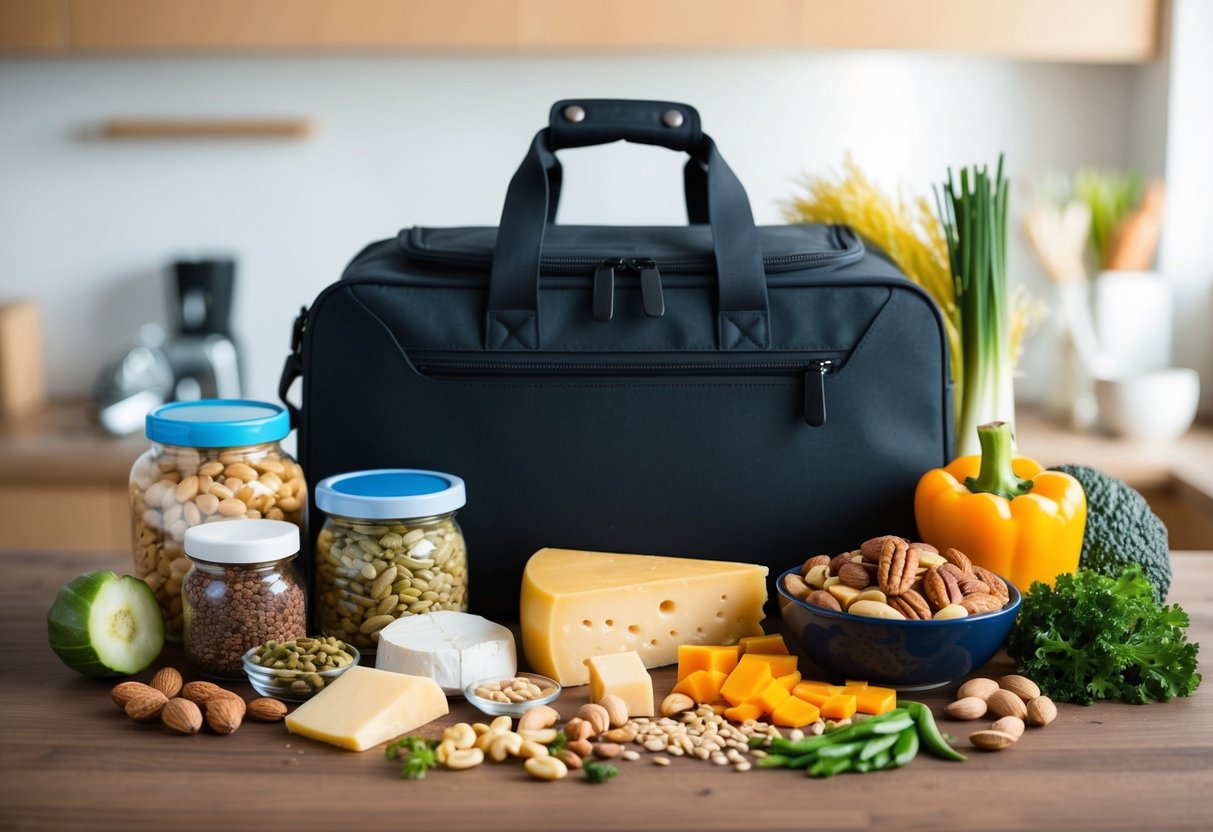 A variety of keto-friendly foods neatly packed in a travel bag, including nuts, seeds, cheese, and vegetables, ready for a low-carb journey