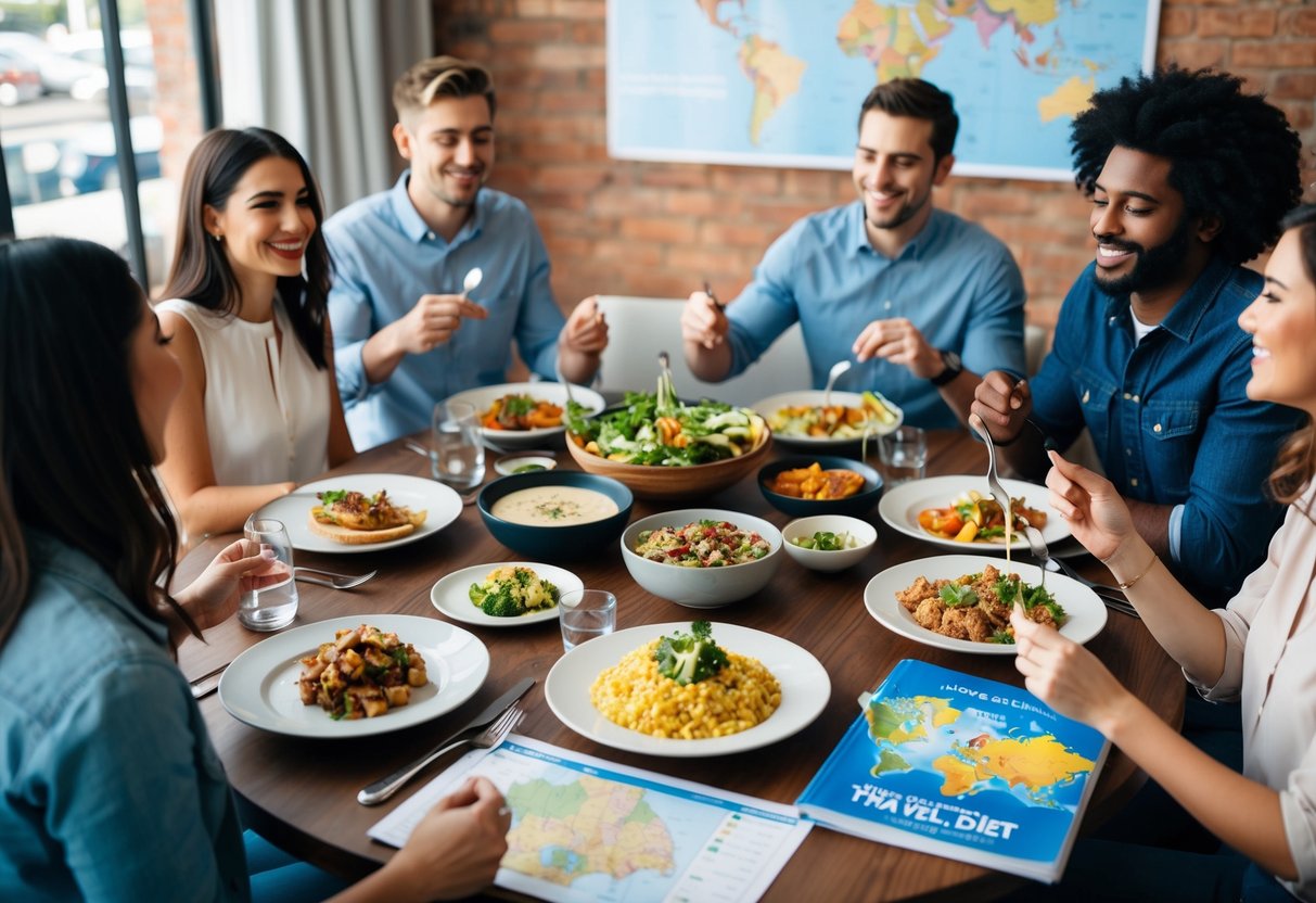 A table set with a variety of low-carb dishes, surrounded by friends enjoying a meal together. A map and travel guide sit nearby, highlighting the theme of dining out while following a keto diet
