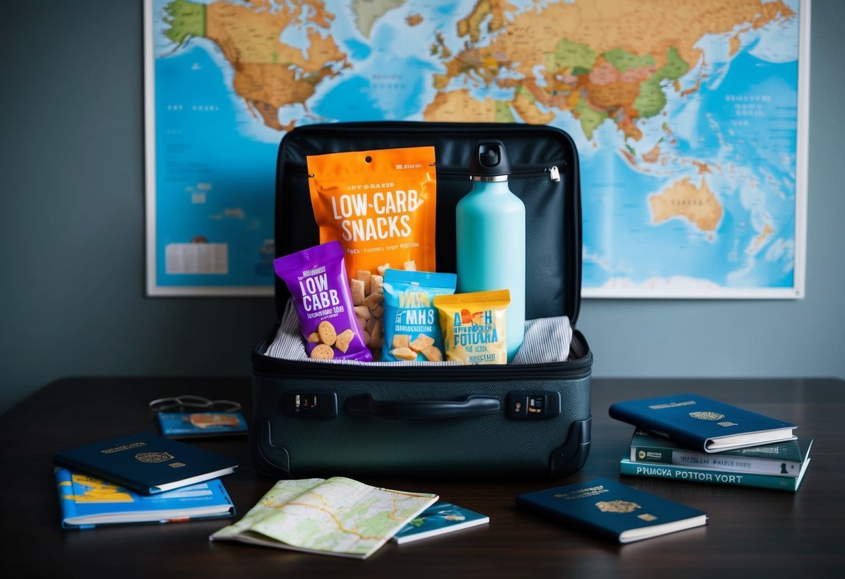 A suitcase packed with low-carb snacks and a water bottle, surrounded by a map, travel guides, and a passport