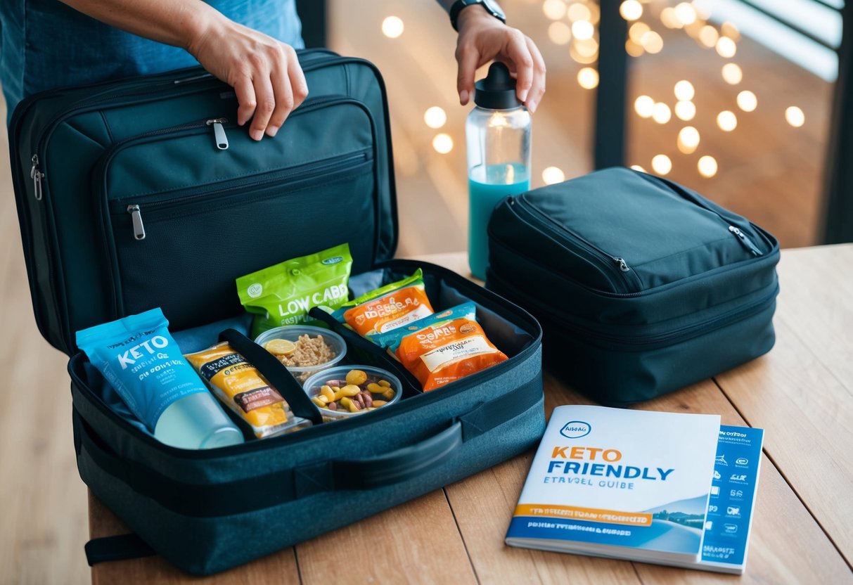 A traveler packing a variety of low-carb snacks and meals into a carry-on bag, alongside a water bottle and a keto-friendly travel guide