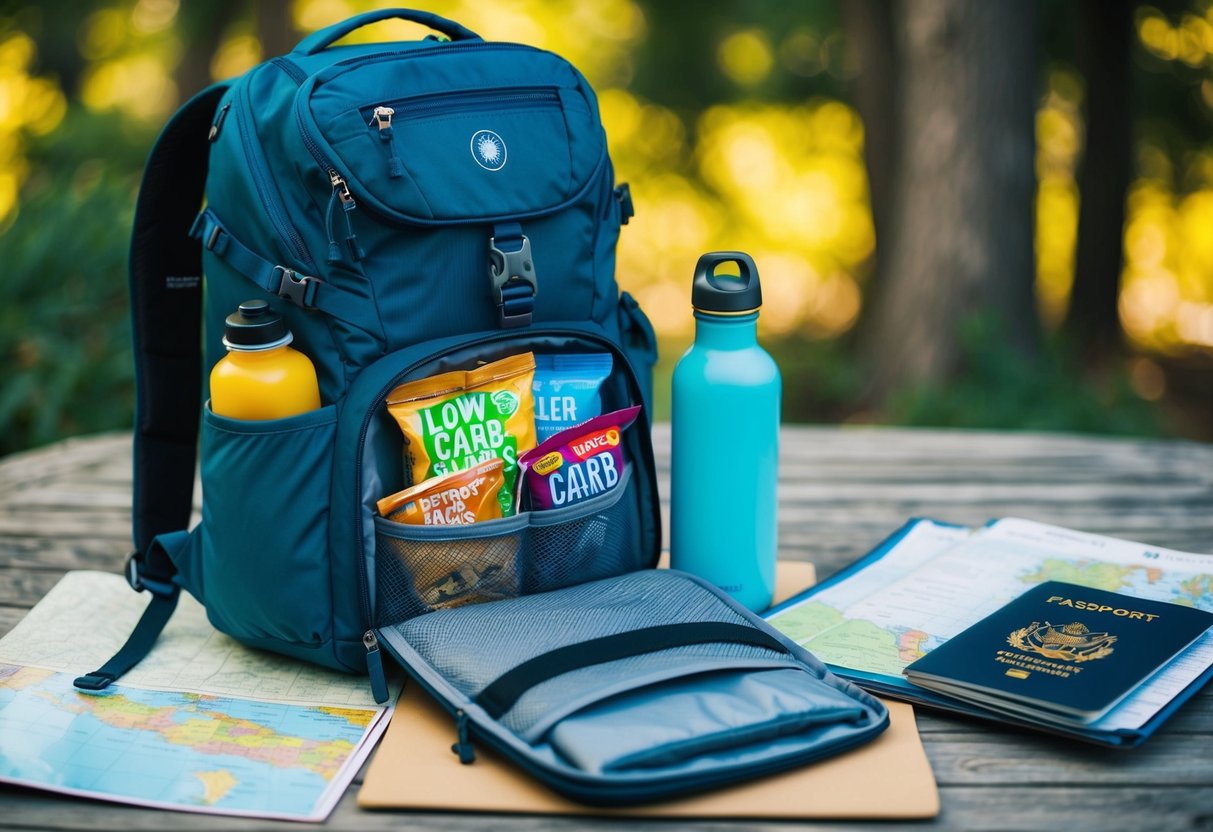 A traveler's backpack filled with low-carb snacks and a water bottle, surrounded by a map, passport, and travel documents