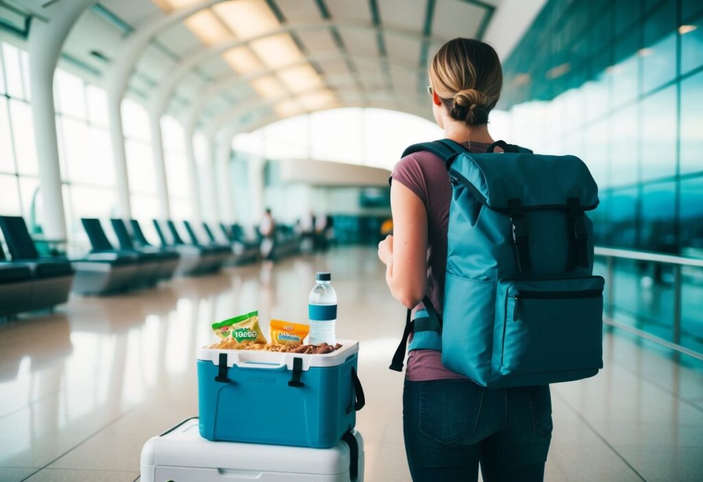 Atraveler in a modern, stylish setting (e.g., at an airport or in a scenic travel location) with a backpack or suitcase. Display a neatly packed cooler or travel bag with visible keto-friendly snacks (nuts, cheese, fruit) and a water bottle with electrolytes. The setting should evoke adventure, healthy living, and convenience, with natural lighting and a clean, inviting background. No text or logos should be present.