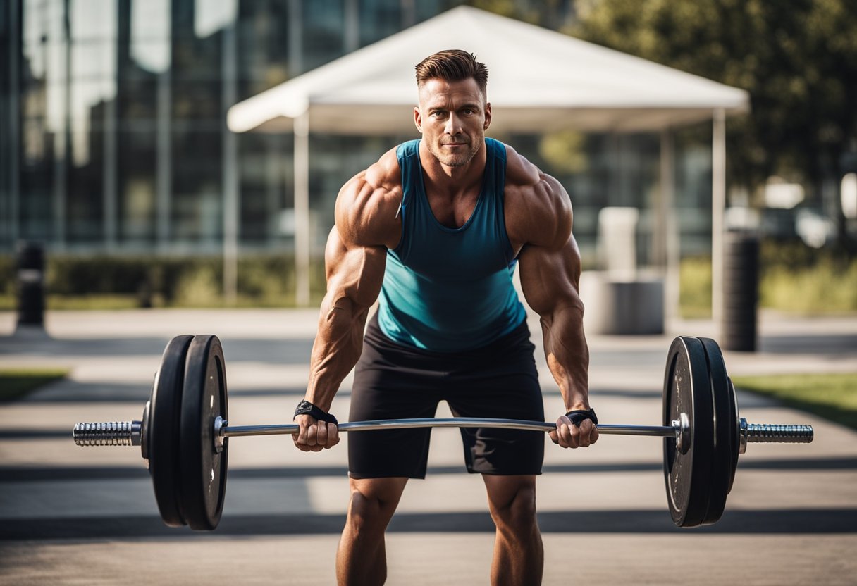 A dynamic, fit man engaging in a workout outdoors with vibrant, high-energy lighting. Surround him with subtle overlays of healthy keto ingredients like avocados, eggs, leafy greens, and olive oil. The image should convey strength, vitality, and transformation.