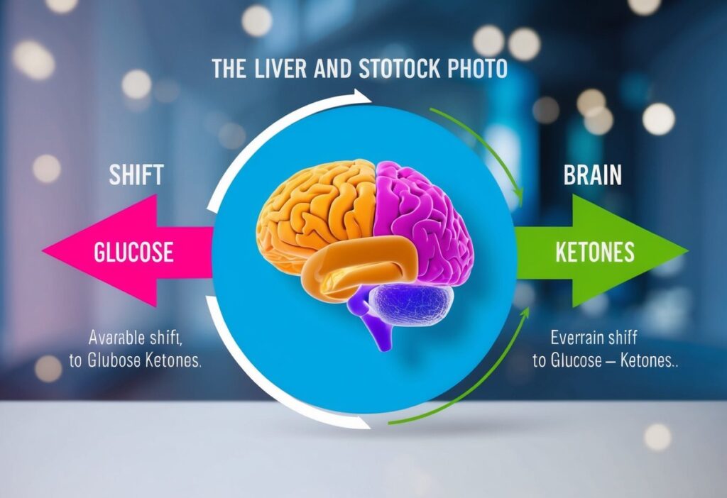 An engaging infographic-style illustration depicting the metabolic shift from glucose to ketones. Include icons such as a liver, brain, and arrows symbolizing transformation, set against a clean, modern background with vibrant colors.