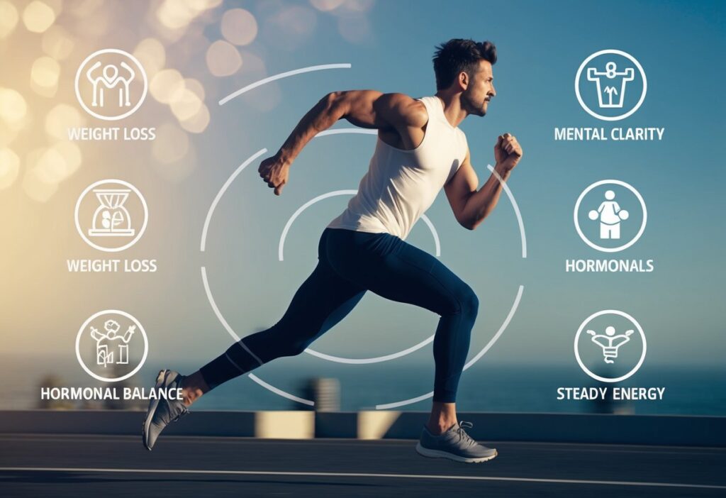 A collage featuring a fit, energetic man in action combined with subtle overlay icons representing weight loss, mental clarity, hormonal balance, and steady energy. The design should have a modern, professional look