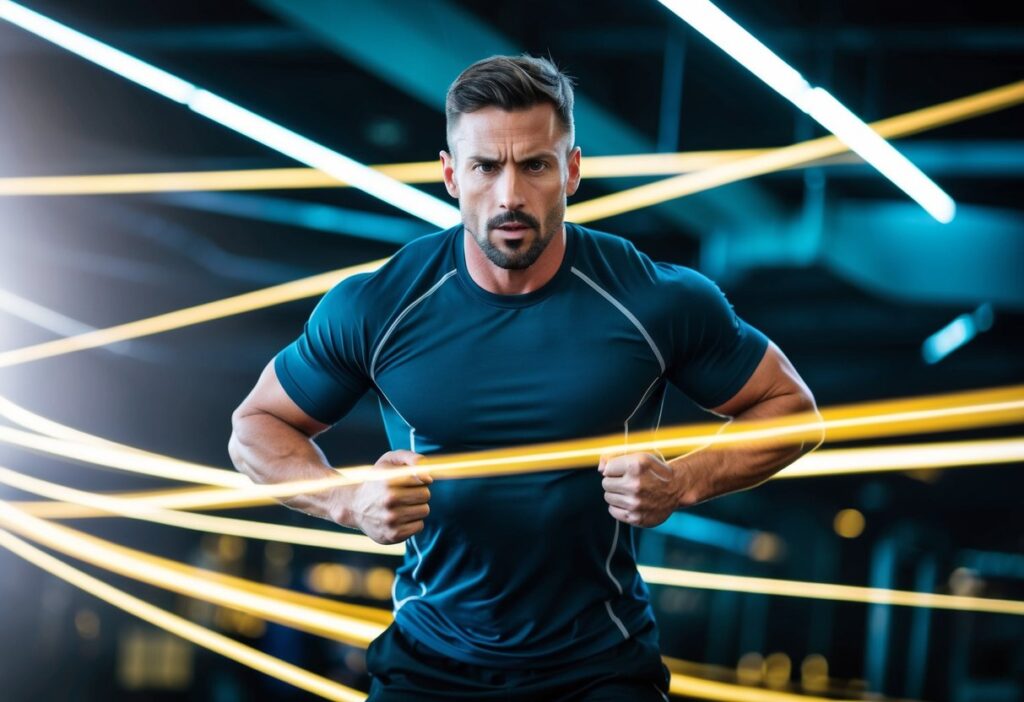 A high-energy scene showing a man mid-run or engaged in high-intensity training, with abstract lines or light trails that suggest continuous energy flow. The background should be dynamic and inspiring