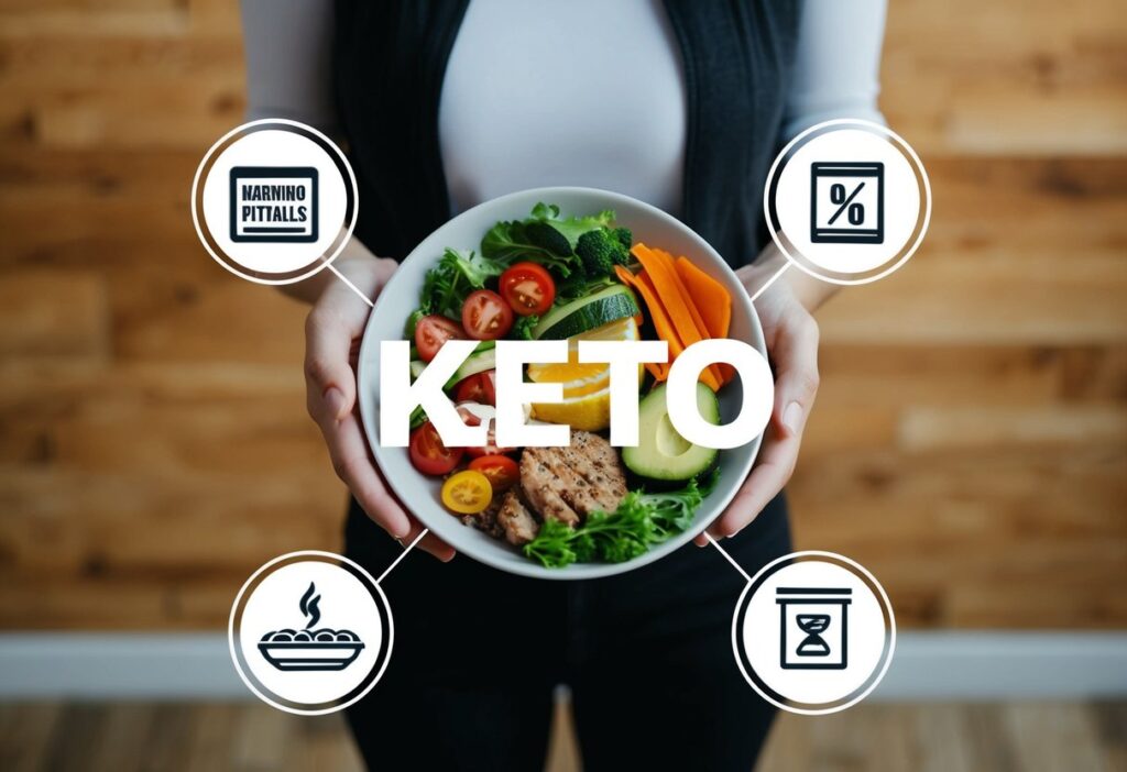 A neatly arranged flat lay of keto-friendly foods such as avocados, fatty fish, olive oil, and leafy greens on a clean surface. Include small graphic icons or text annotations indicating common pitfalls like electrolyte imbalance or protein overconsumption.