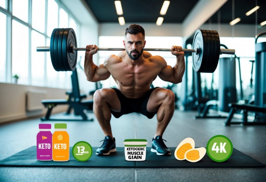 An athletic man lifting weights in a modern gym setting, complemented by small visuals of keto food items and workout icons. The image should clearly reflect the targeted and cyclical ketogenic approaches for muscle gain
