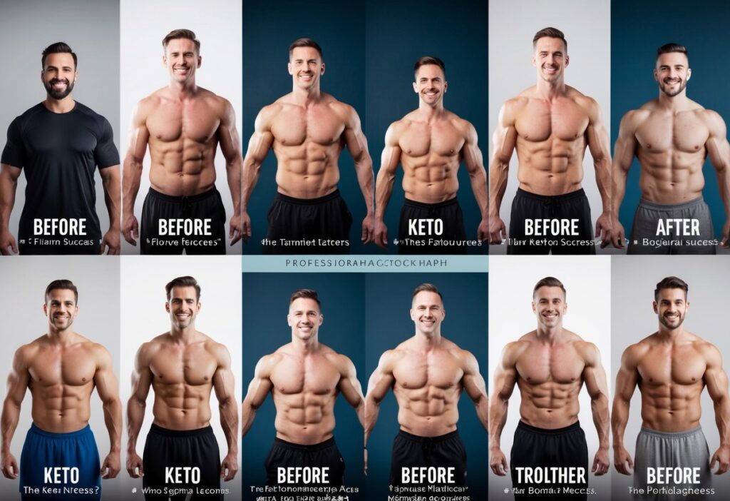 A series of portrait shots or a creative collage showing diverse men before and after their keto transformations. The image should include inspirational elements like quotes or subtle overlays that emphasize personal success and transformation.