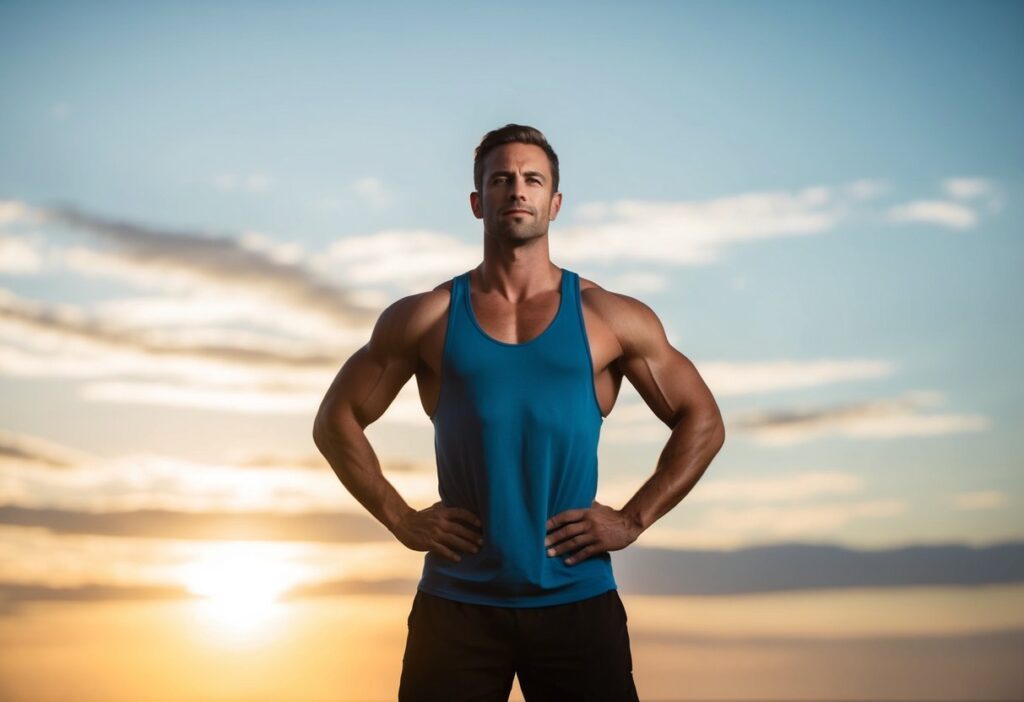 A vibrant, uplifting image of a fit man against a bright sunrise or clear sky backdrop, symbolizing new beginnings and a healthy, empowered lifestyle. The image should inspire motivation and forward-thinking change.