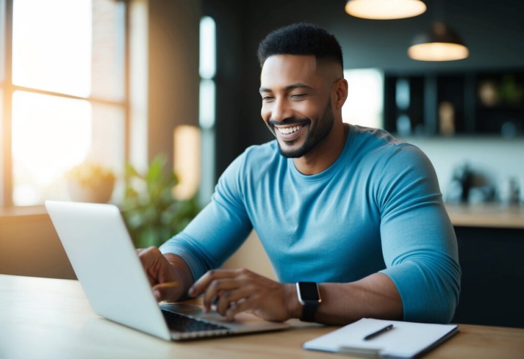 A welcoming scene with a smiling man interacting with a personalized meal plan on a digital device or paper. Include subtle elements of customization and guidance, highlighting a modern, client-focused approach.